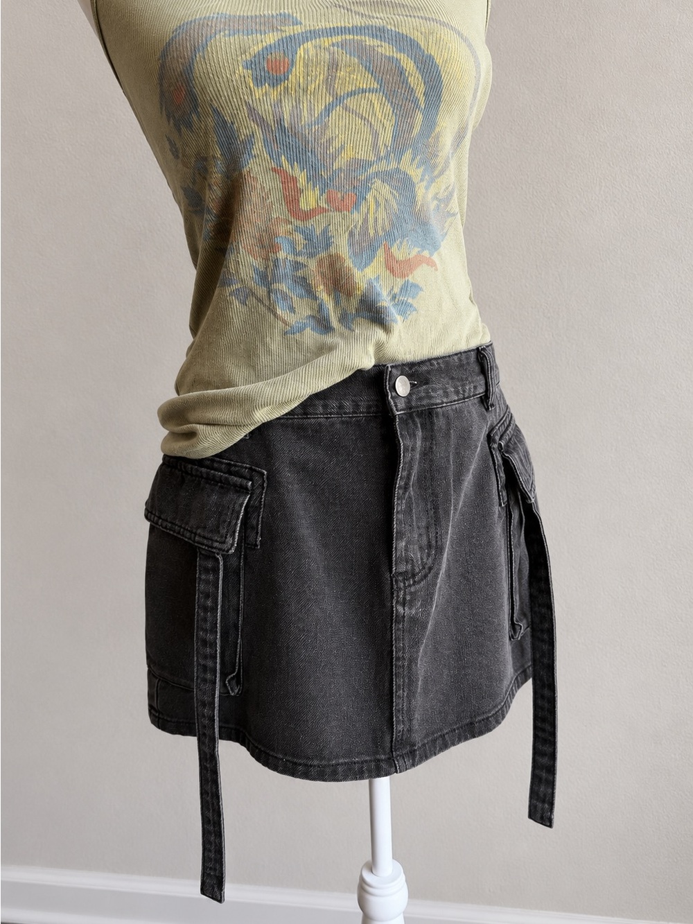 Y2K Charcoal Cargo Mini Skirt | Utility Pocket Denim Skirt